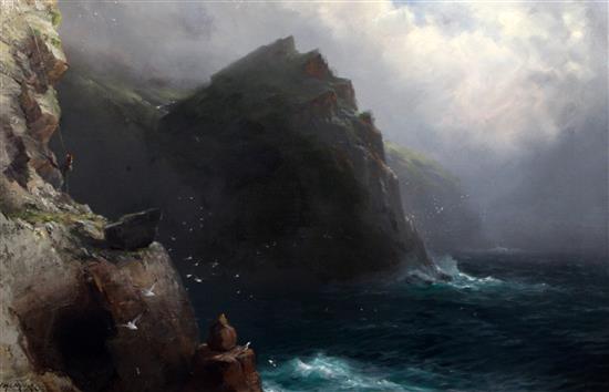 James H C Millar (exh.1884-1903) In the Highlands - clearing after the rain and A Perilous Calling - getting seabirds eggs on the Cor